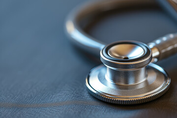A professional-grade stethoscope focused closely, resting on a dark textured background, symbolizing healthcare and diagnostics..