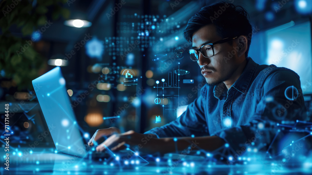 Poster man with glasses is working on a laptop in a dimly lit room with a bokeh effect of city lights in th