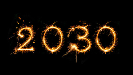 Happy New Year 2030, Sparkling burning text Happy New Year 2030 isolated on black background - obrazy, fototapety, plakaty