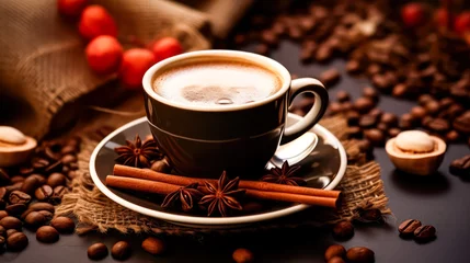 Photo sur Plexiglas Bar a café Savor the moment with a captivating image of a steaming cup of coffee against the backdrop of a sleek coffee maker. A perfect blend of simplicity and aroma.