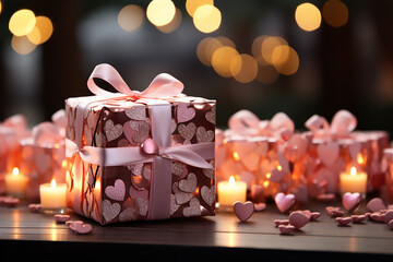 Gift boxes with hearts and pink bows on the background of bokeh effect.