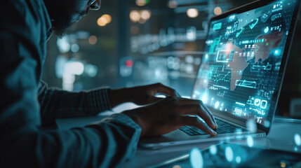 Close-up of a person's hands typing on a laptop keyboard, with the screen displaying futuristic digital data graphics