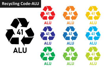Aluminium metal recycling code icon set. Metal recycling symbols 41 ALU. Mobius Strip metal recycling code 41 icon collection in ten colors. Set of metal recycling code symbol icon 41 ALU.