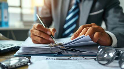 Close-up view of a person's hand holding a pen over a pile of paperwork, indicating they are working, signing documents, or reviewing files. - obrazy, fototapety, plakaty