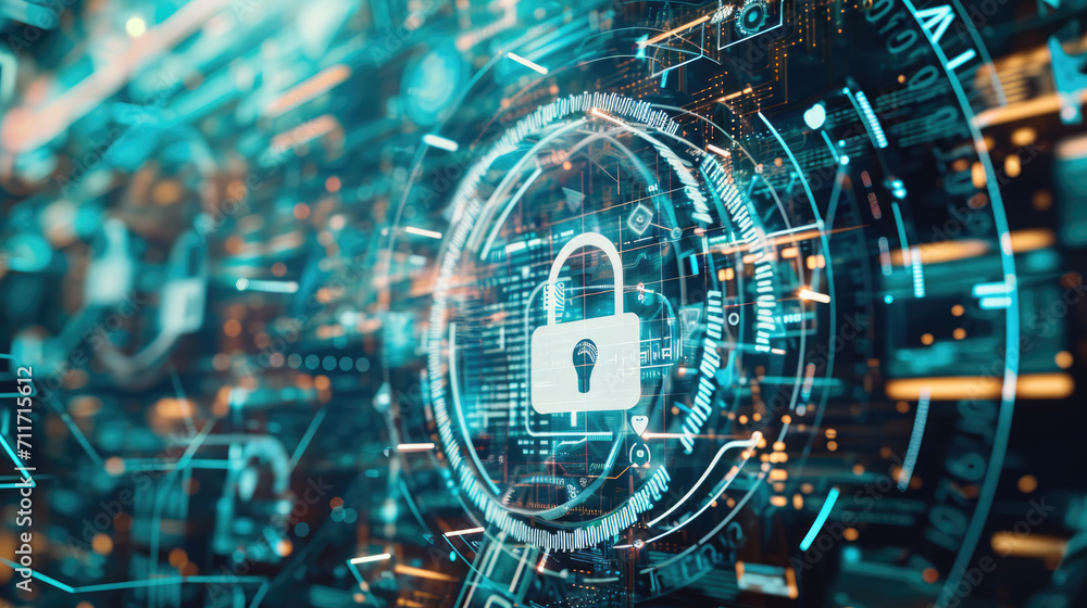 Poster padlock icon within a complex interface of cyber security network lines and glowing dots, symbolizin