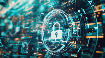 Padlock icon within a complex interface of cyber security network lines and glowing dots, symbolizing data protection, encryption, and information security.
