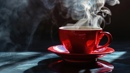 Bright red coffee cup filled with a steaming hot coffee, on a dark background