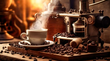 Poster Savor the moment with a captivating image of a steaming cup of coffee against the backdrop of a sleek coffee maker. A perfect blend of simplicity and aroma. © Людмила Мазур