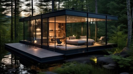 Fototapeta premium Outdoor forest rental cabin house, luxury glass cabin accommodation in the wild. Modern villa architecture lodging design.