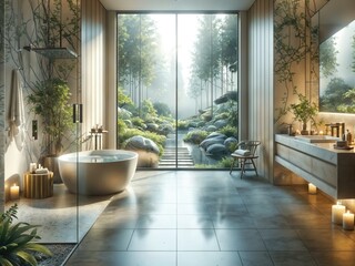 Fototapeta premium Tranquil Spa Bathroom with Zen Garden View and Natural Light
