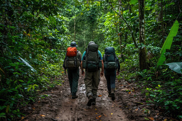 Fototapeta na wymiar Rainforest Exploration: A Group of Trekkers Walking on Amazon Rainforest Trails, Immersed in the Lush Greenery and Biodiversity of This Spectacular Jungle Adventure. 
