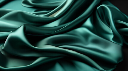 Obraz premium Shiny green silk swirl wavy background, abstract. Close-up view of a textile fabric. Backdrop texture for the product display, full frame