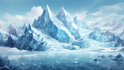 Fototapeta na wymiar Illustration of a frosty ice mountain shining by the sunlight. Landscape, Concept, Creative, Mountains