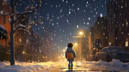 The child stands in the middle of a quiet urban street, with snow falling all around him and illuminated by sidewalk lights in winter