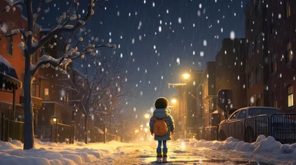 Foto op Plexiglas The child stands in the middle of a quiet urban street, with snow falling all around him and illuminated by sidewalk lights in winter © Muamanah