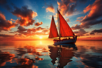 A sailboat slicing through crystal-clear waters, the sun setting on the horizon, epitomizing the tranquility of a seaside journey. - obrazy, fototapety, plakaty