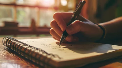 Fotobehang Close-up of a person's hand writing in a notebook with a pen, with a warm and cozy ambiance © MP Studio