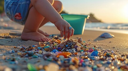 A child's hand picking up microplastics from the sand, with a bucket and shovel in the background, representing the involvement of younger generations in combating pollution. - obrazy, fototapety, plakaty