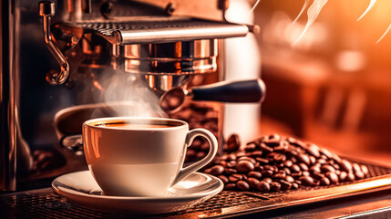 Savor the moment with a captivating image of a steaming cup of coffee against the backdrop of a sleek coffee maker. A perfect blend of simplicity and aroma.