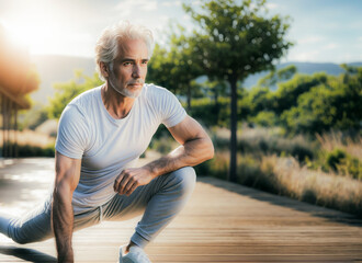 Naklejka na ściany i meble Senior Man Enjoying Fitness Routine Outdoors