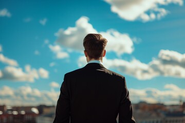 A portrait man with black suit behind looking for town and sky clouds on building top views