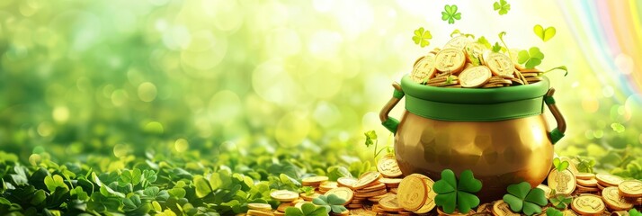 Big pot with gold coins, clover leaves and a rainbow above it. St. Patrick's Day celebration concept. - obrazy, fototapety, plakaty