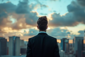 A portrait man with black suit behind looking for town and sky clouds on building top views