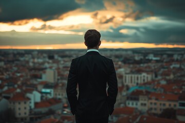 Fototapeta premium A portrait man with black suit behind looking for town and sky clouds on building top views