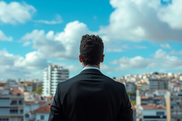 Fototapeta na wymiar A portrait man with black suit behind looking for town and sky clouds on building top views