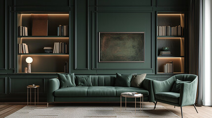 Fototapeta na wymiar Modern living room with green sofa and chairs.