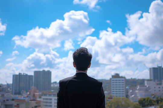 A portrait man with black suit behind looking for town and sky clouds on building top views