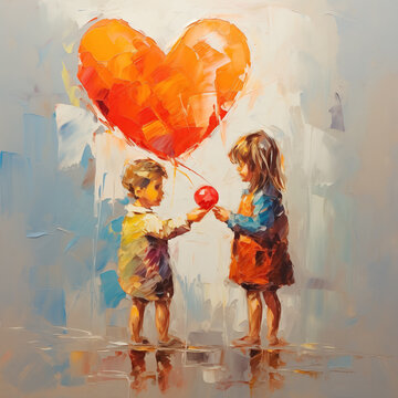 Children sharing a heart-shaped balloon, abstract oil painting