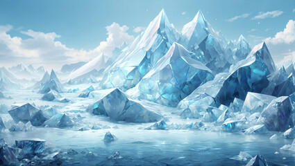 Illustration of a frosty ice mountain shining by the sunlight. Landscape, Concept, Creative, Mountains
