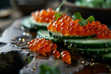 Red caviar on a cucumber slices, rustic style, no carbohydrate diet, keto - obrazy, fototapety, plakaty