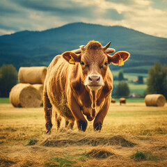 a cow on a ranch stands against the background of haystacks