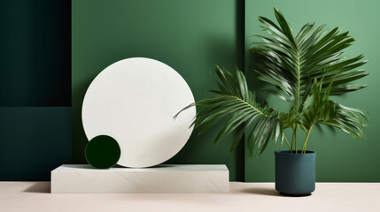 white Marble showcase podium for product placement in green natural shadow leaves background