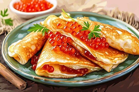 Thin pancakes with red caviar, traditional russian food, maslenitsa festival celebration