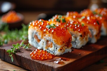 Sushi rolls with salmon and red caviar on a wooden cutting board, close up