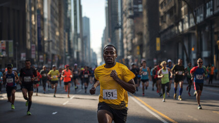 Dynamic Urban Marathon. African American Man Leading a Road Race in the Heart of the City,...
