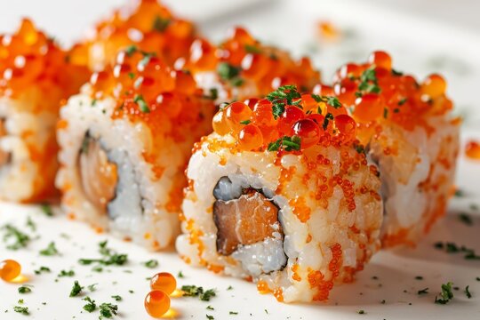 Sushi rolls with salmon and red caviar, close up, white background