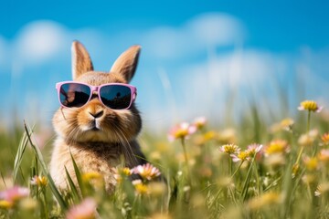 Cool easter bunny with pink sunglasses outdoor on a sunny spring day , green meadow with flowers