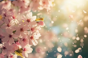 Obraz premium A close-up of a cherry blossom tree in soft sunlight with petals falling gently Cherry tree blossom in spring . Cherry blossom tree in bloom flowering macro detail