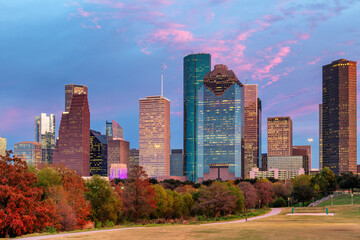 Fototapeta na wymiar Houston downtown skyline at sunset in Houston, Texas, USA.