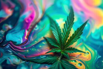 Cannabis green leaf over Psychedelics abstract background