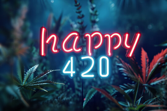Happy 420 neon light celebration on a cannabis plantation at night.