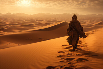 Fototapeta na wymiar Arab man stands alone in the desert and watching the sunset
