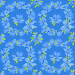 Fototapeta na wymiar Seamless pattern of blue flax flowers, green leaves wreath. Hand drawn illustration by markers on blue background. Wildflowers. Botanical hand painted floral elements. For fabric, print, wrapping