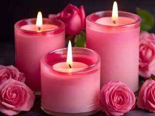 Obraz na płótnie Canvas Pink candles and roses. This image shows three pink candles surrounded by pink roses.