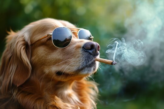 Cool dog with sunglasses outdoor smoking a cigar of Cannabis to celebrate international 420 day.