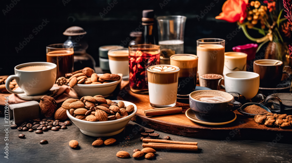 Poster immerse yourself in a tempting tableau of diverse coffee cups surrounded by an array of nuts and spi